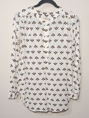 LOFT White Button-Front Tunic Pink Navy Green Firefly Print Rayon Womens Size S